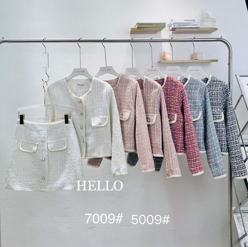 HELLO Tweed Long Sleeves Blazer With Short Skirts